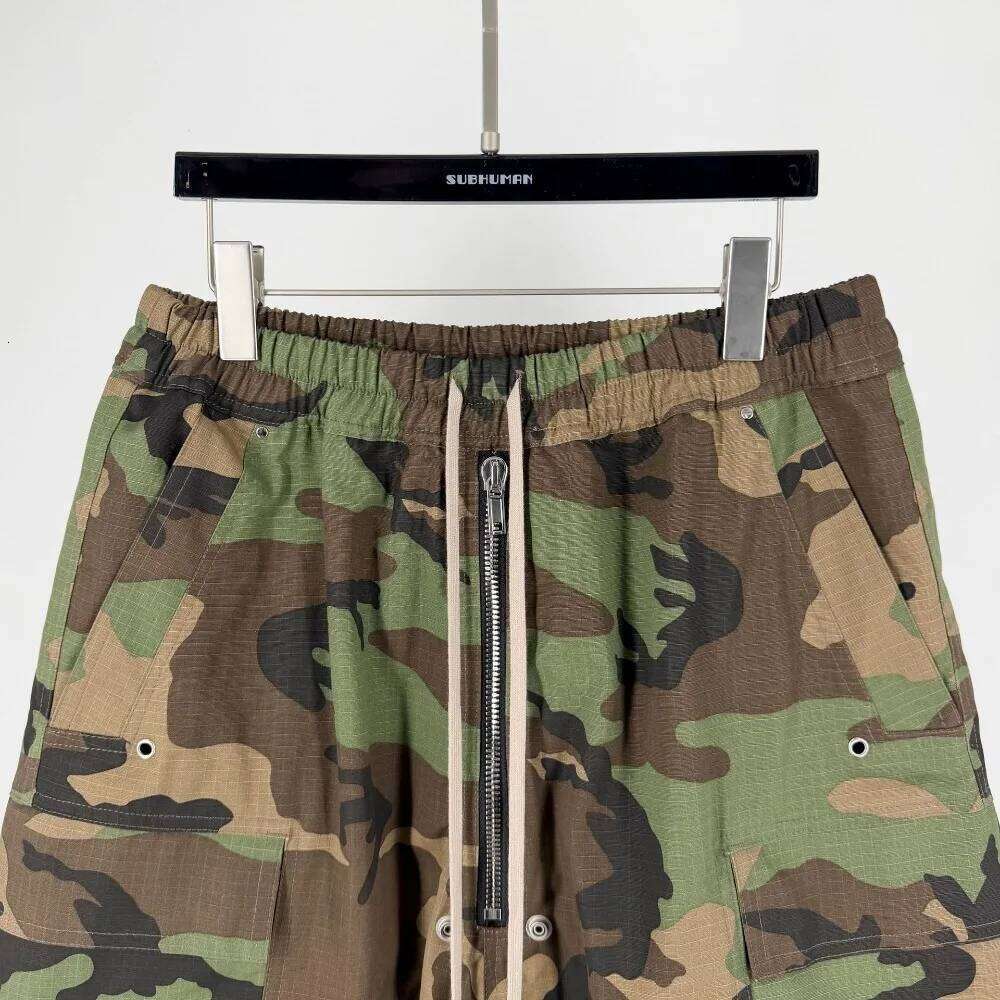 High Street RO Style Men's Drawstring Tie Washed And Worn Casual Camouflage Multi Pocket Organ Bag, Workwear Bag Shorts