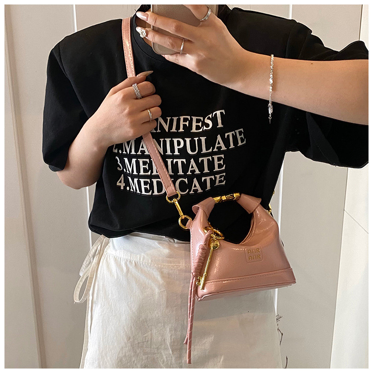 Free Shipping High Value Mini Hobo Bag for Women Glossy Leather Handbag with Key Charm Adjustable Strap