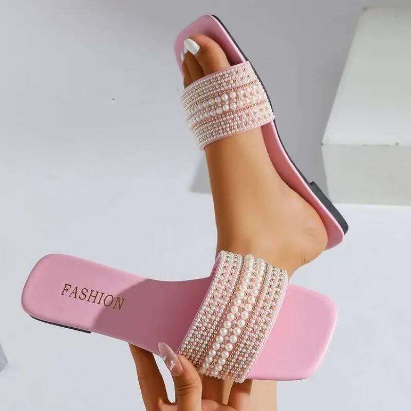 Pearl Decorated Round Headed Flat Bottom Women's Slippers 2025 Summer Casual Simple Versatile Open Toe Comfortable Sandals