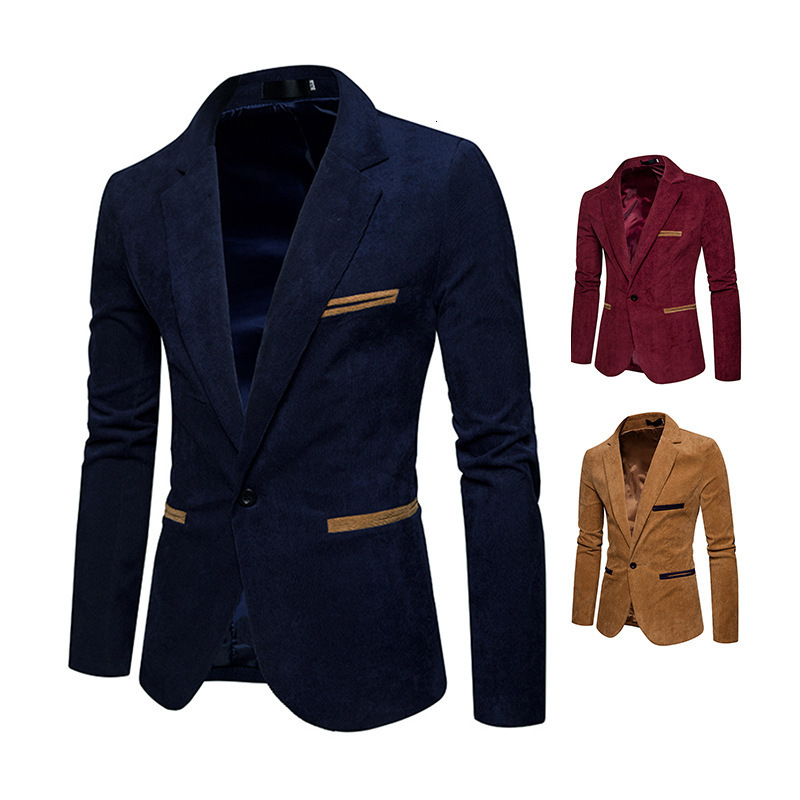 Spring and Autumn Fashion Mens Corduroy Blazer Jacket Mens Casual Color Block Jacket Business Small Suit
