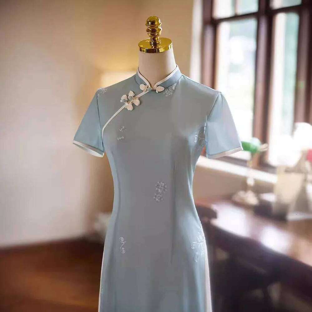 New Women Blue Long Cheongsam Summer Short Sleeve Elegant Vintage Embroidery Dress Gentle Qipao S To 2Xl High-Fashion MAKOUFEI
