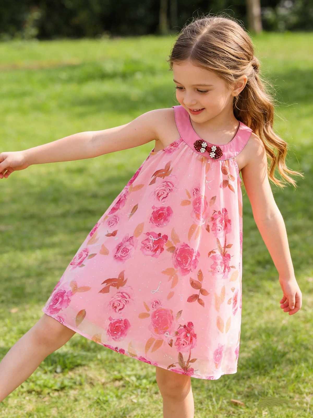 Girls Pink Rose Print Hanging Neck Princess Dress Childrens Sequin Tulle Gown Elegant Party Wear for KidsT260330