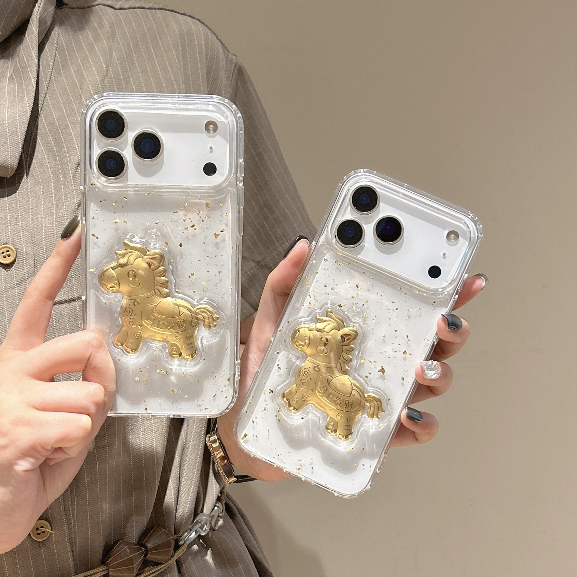 3D Epoxy Gold Foil Lucky Horse Transparent Shockproof Case for iPhone