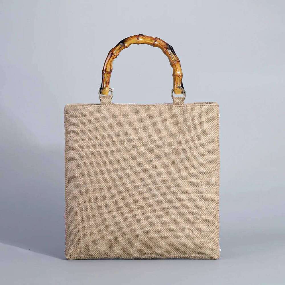 Chinese Embroidery Bamboo Handle Embroidery Shopping Bag Retro Ladies Lace Weaving Tote Colorful Sequins Cotton Linen Woven Handbag With Inner Bags Cl