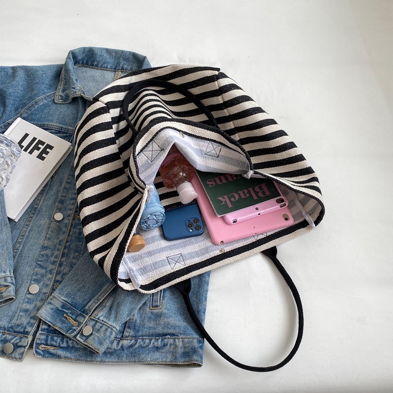 Free Shipping High Value Black and White Striped Canvas Tote Bag for Women Large Capacity Casual Shoulder Bag