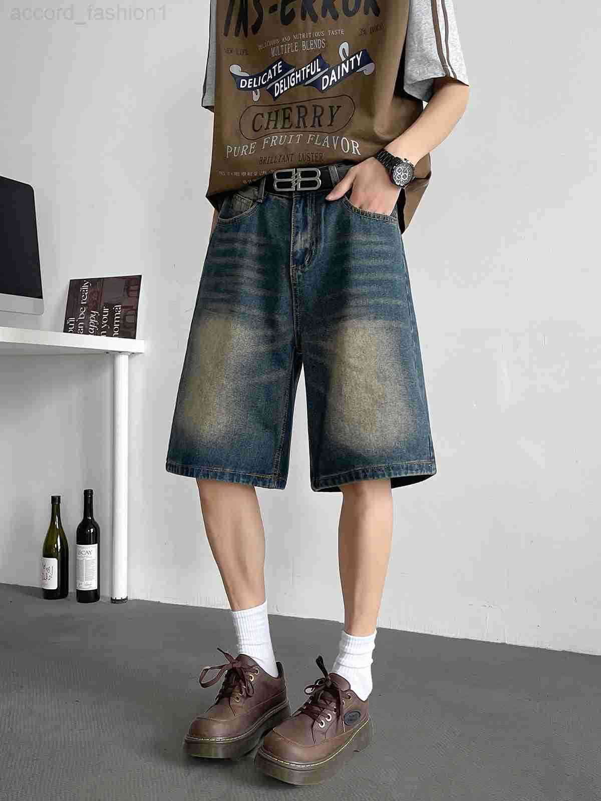 2025 Men Summer Vintage High Waist Denim Shorts Mens Loose Wide-leg Short Pants Male Fashion Pockets Straight Jeans Shorts D533 H260330