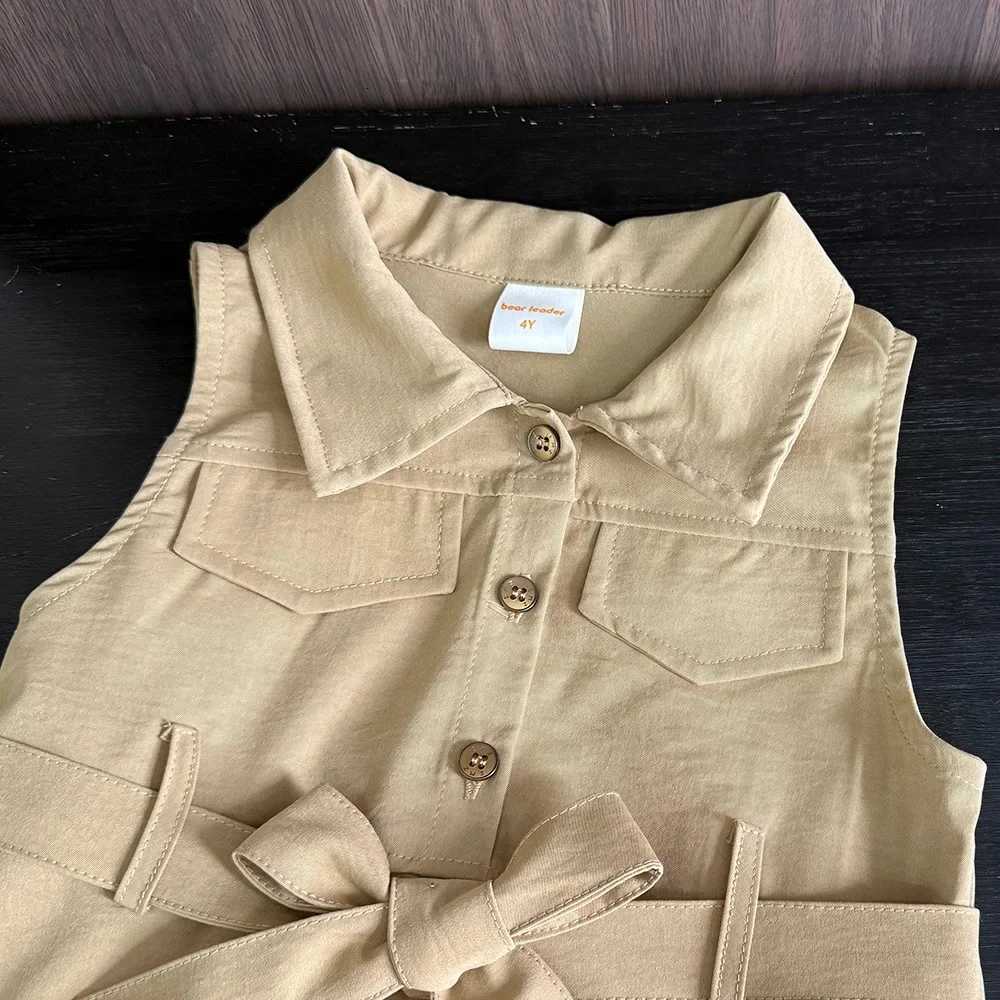 Korean Version Khaki Girls Casual Dresses Sleeveless Flip Collar Workwear Kids Dress Summer New Solid Color Childrens ClothingT260330
