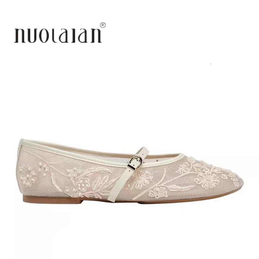 Mesh Embroidery String Bead Design Women Ballet Flats Fashion Buckle Breathable Mary Jane Shoe Comfort Low Heel Soft Flat Sandal 260323