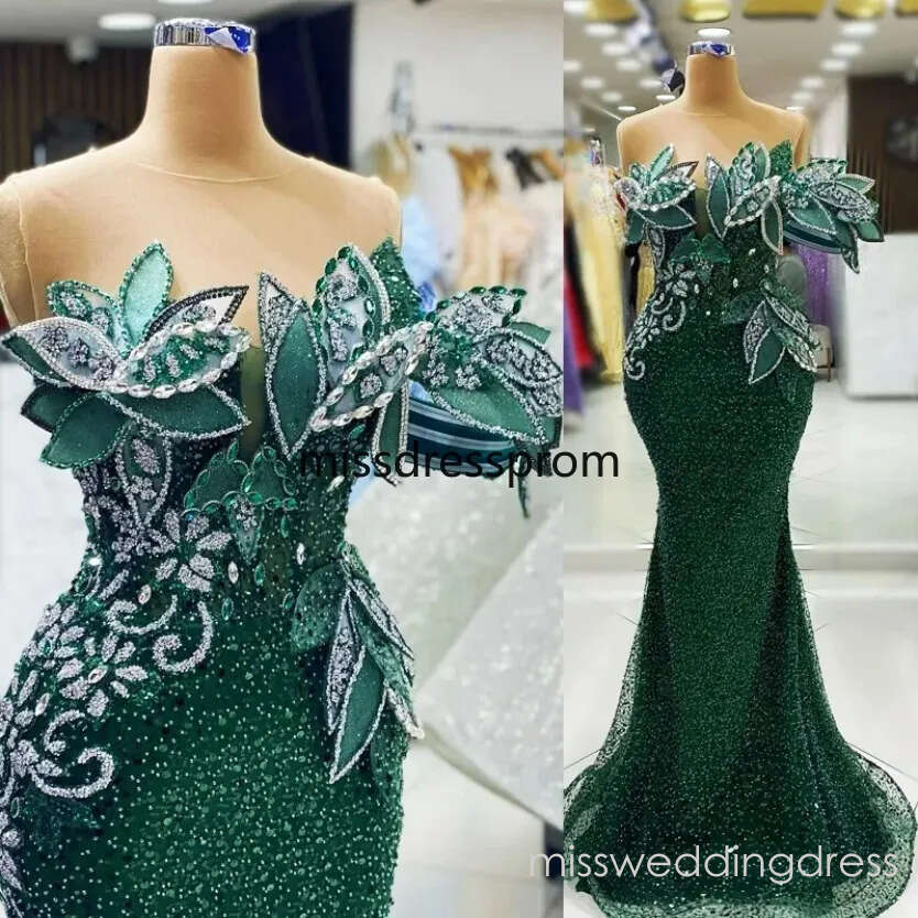 Glitter Green Mermaid Prom Dresses for Black Girls 2026 Special Occasions Sheer Neck Sequined Lace Pearls Decorated Rhinestones Beaded Evening Gala Go