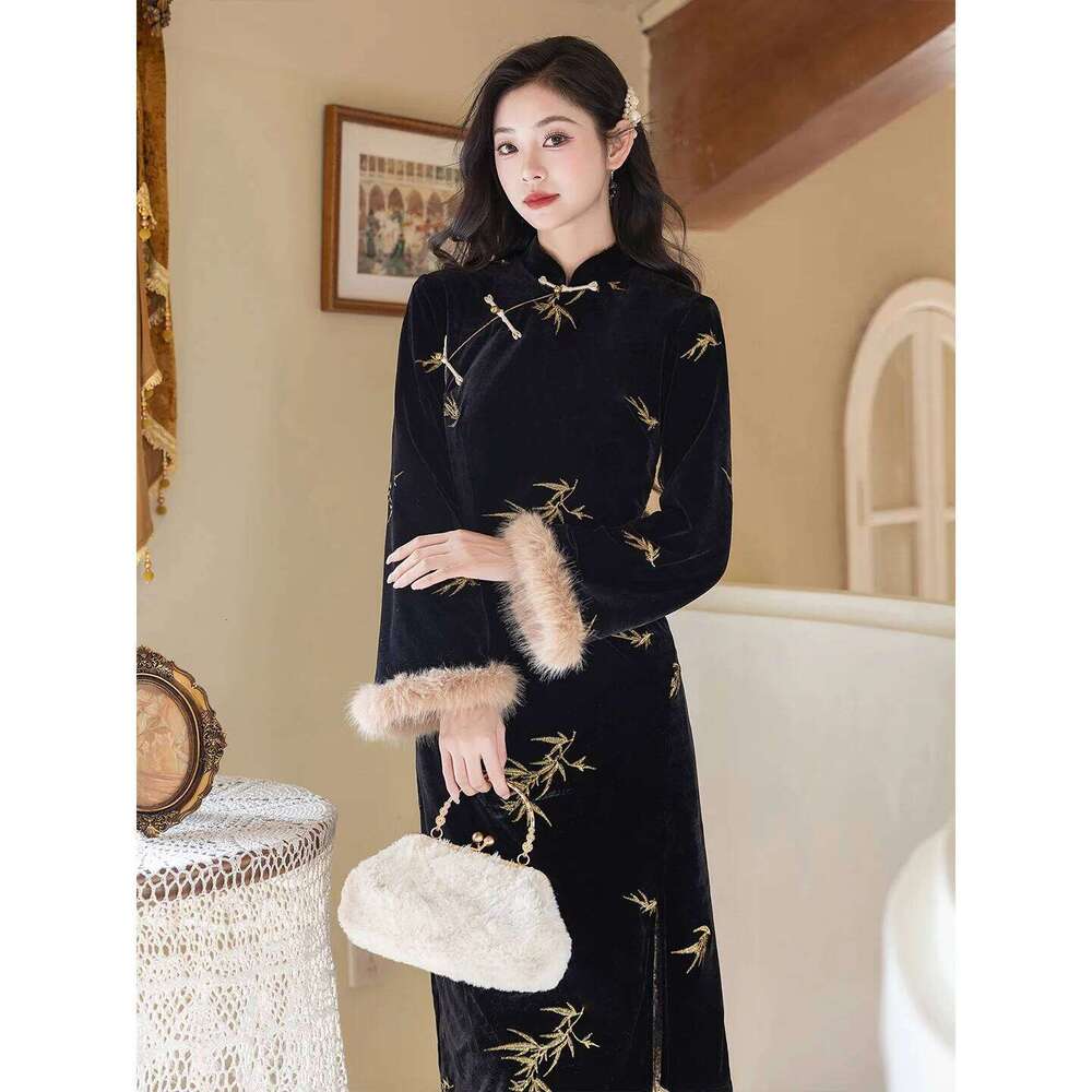 Yourqipao Autumn And Winter New Style Long-Sleeved Cheongsam Chinese Hanfu Fishtail Skirt Qipao Dress For Women MAKOUFEI