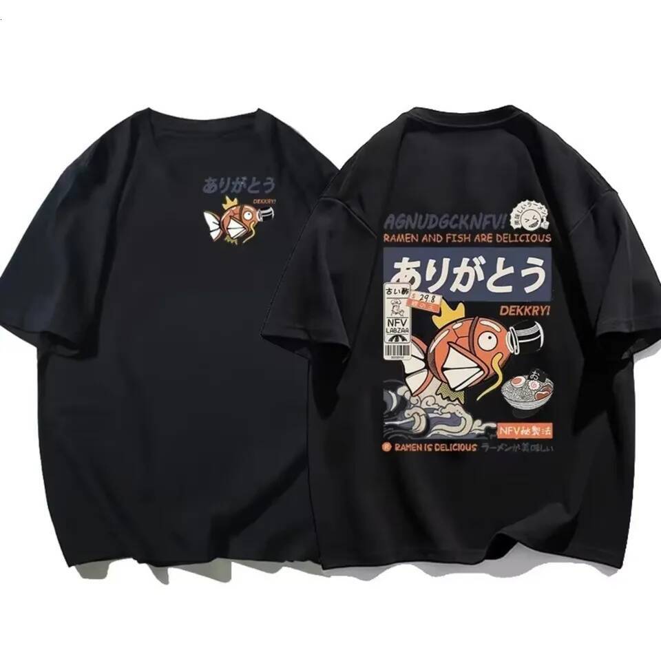 Japanese streetwear T-shirts: Men's koi fish soy sauce print Casual women's short-sleeved T-shirts for summer 2025 anime fashion Y2K clothin