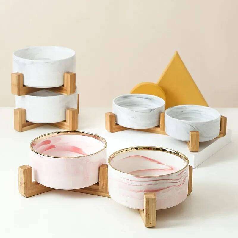 Marble-Patterned Pet with Wooden Frame Gold Edge Fashionable Creative Water Food Bowl for Dogs and Cats 26W0330