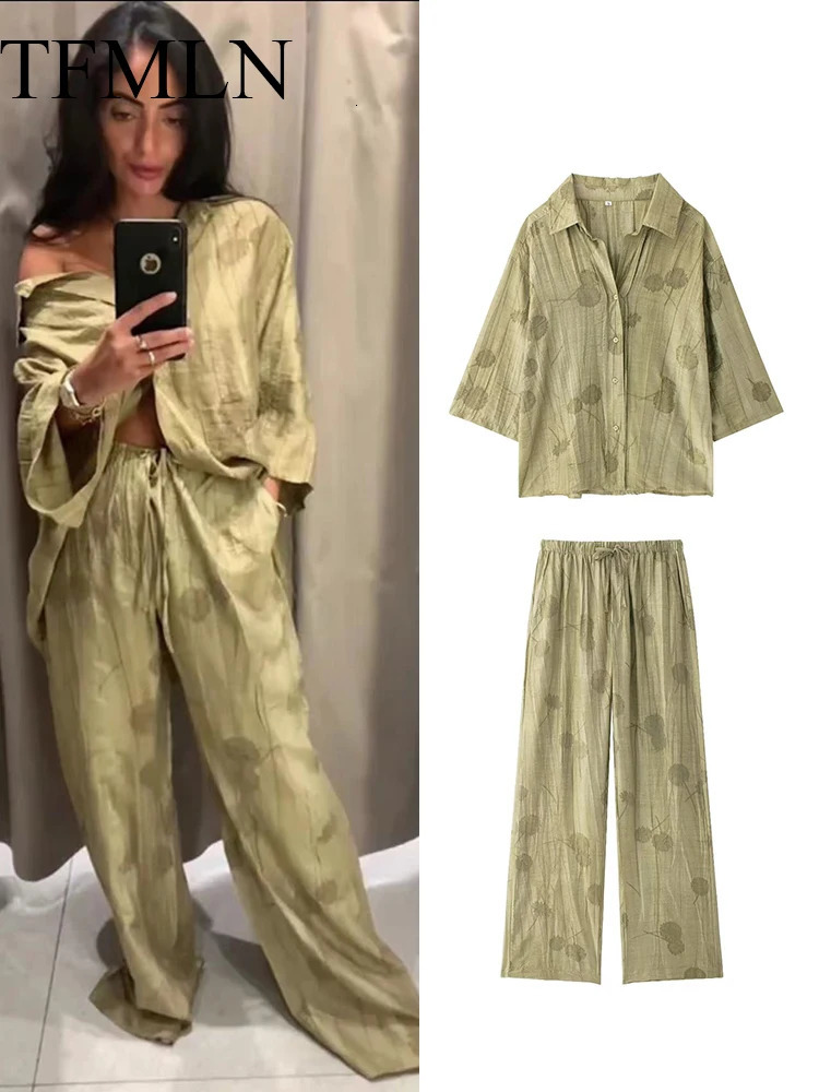 TFMLN Womens Fashion Two Piece Set Loose Jacquard Shirt High Waist Trousers Set Lapel Half Sleeve Shirt Wide Leg Pants 260326