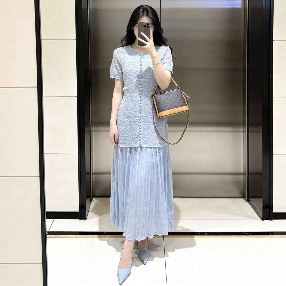 Women Single Breasted Slim Knit Midi Dress Spring New Pearl Decoration High Waist Lady Short Sleeve Splices Long Robe Mdng260330