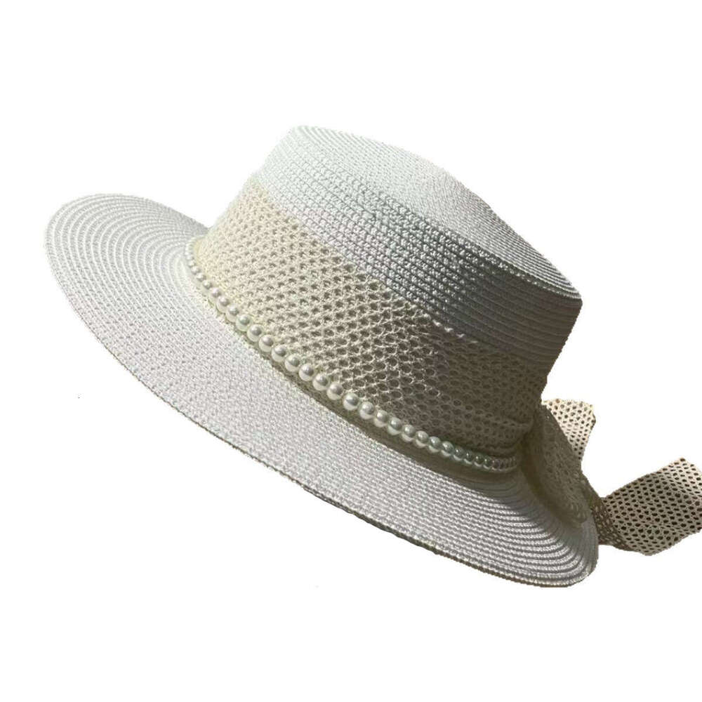 Korean-style lace ribbon pearl chain fashion flat-top hat for women, summer casual sunshade straw Design protection Dainty sun hat, trendy