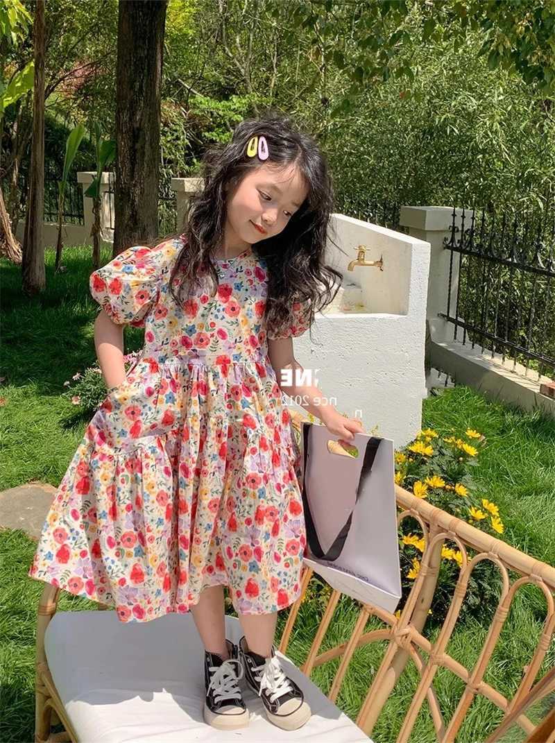 Children Summer Cute Dresses Girls Print Floral Vestidos Baby Casual Short Sleeves Dress 2024 New Kids Puff Sleeve ClothingT260330
