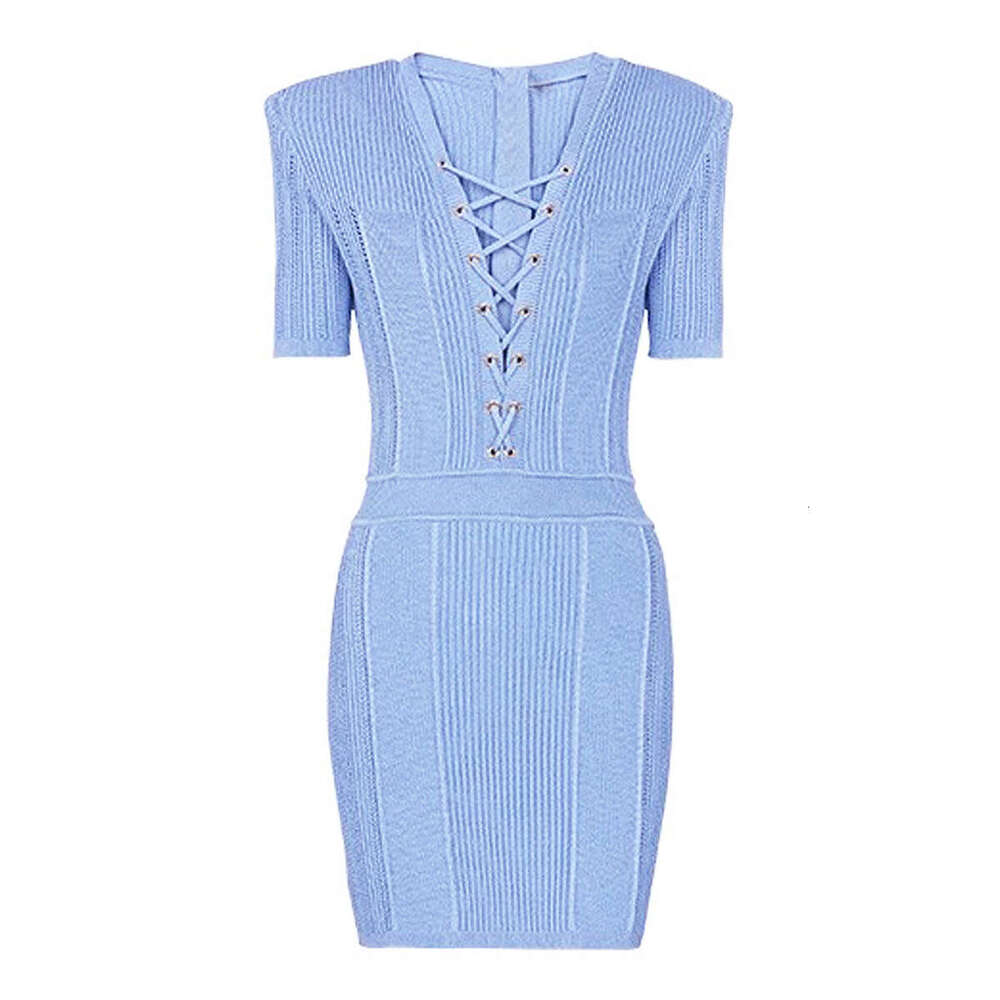 Summer new r27 European and r27 American internet celebrity socialite V-neck drawstring slim fit short sleeved knitted dress