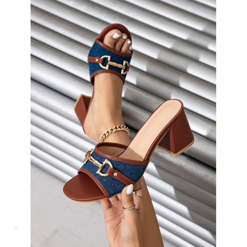 2026 Outdoor Brown Chunky Heel Pointed Toe Sandals Simple High Heels Design Shoe Delivery Summer Fairy Style