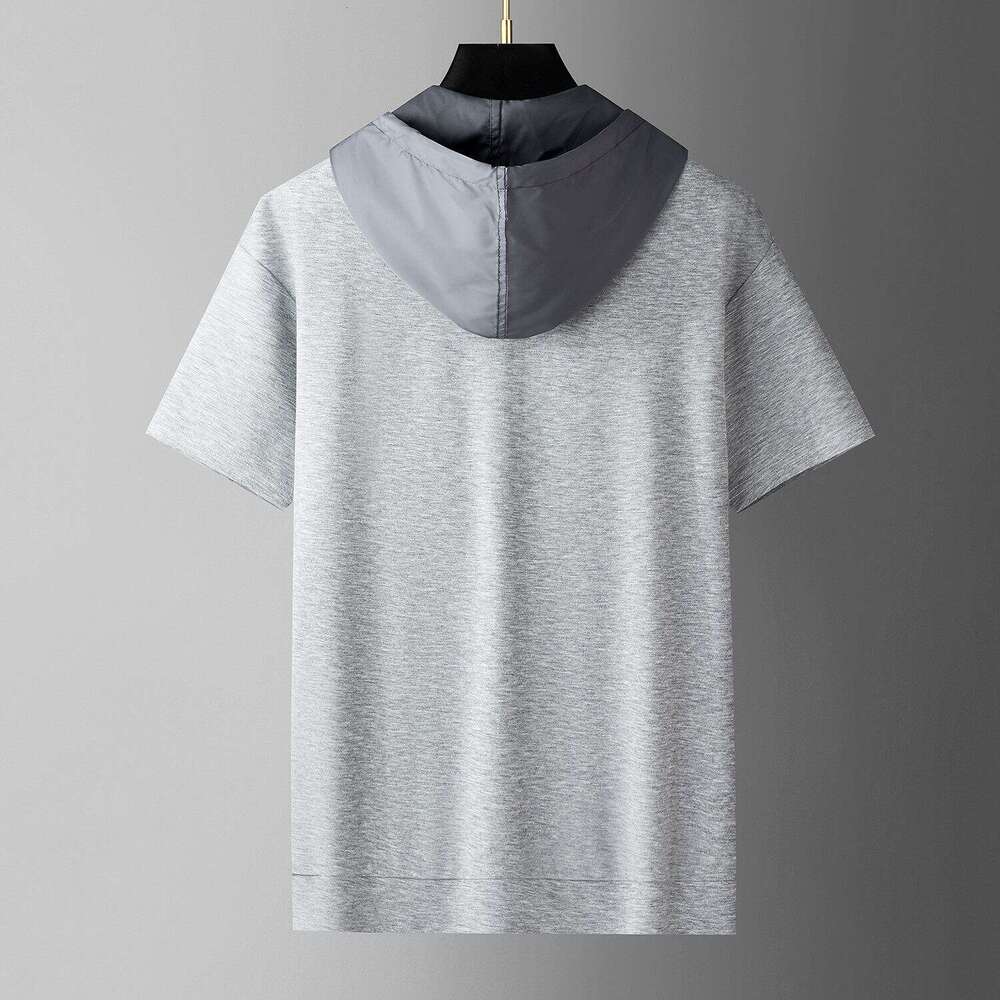 European fashion hooded zip-up short-sleeve T-shirt luxury new style loose trendy brand triangle logo versatile half-sleeve top