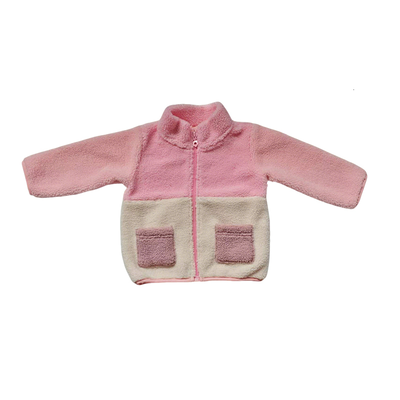Baby Girls Color Block Sherpa Jacket, Pink & Beige Fleece Zip-Up Coat with Pockets