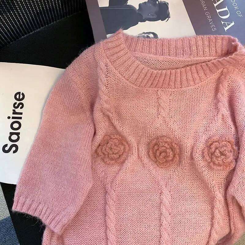 Matakawa Thin Sweaters Women Tops Spring Summer 3D Flowers Sweet Pullovers Korean Fashion Vintage Short Sleeve Pull Femme