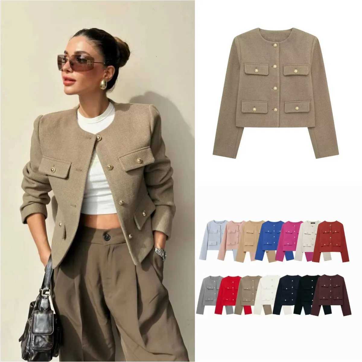 ETJ Autumn/Winter 2025 Womens Basic Jacket Vintage crew neck gold button flip pocket embellishment short coatT260328