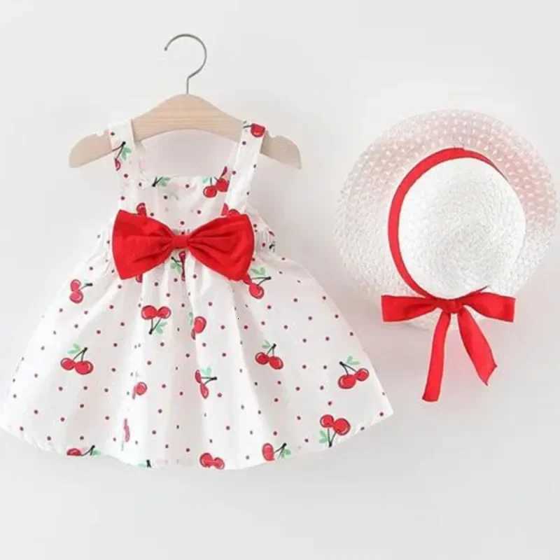 1Pc Kids Girl Summer Sleeveless Dress Cute Print Bow Casual Dress with Straw HatT260330