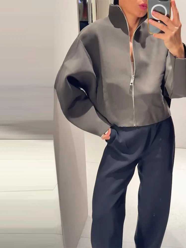 2026 Spring Womens Knit Cropped Jacket Stand Collar Zipper Loose Full Sleeve Coat Female Lady Fashion New in Matching OutwearT260328