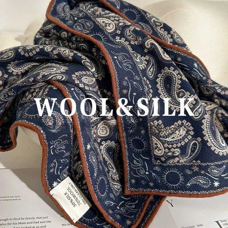 Psychedelic Paisley Silk Wool Scarf for Wen Autumn/Winter Deep Blue Versatile Warm Elegant Square Shawl X260328