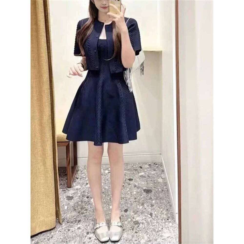 Women Solid Color Lace-Up Knit Cardigan + 2025 New Single Breasted O-Neck Short Sweater Or A-Line High Waist Sling Dress Mdng260330