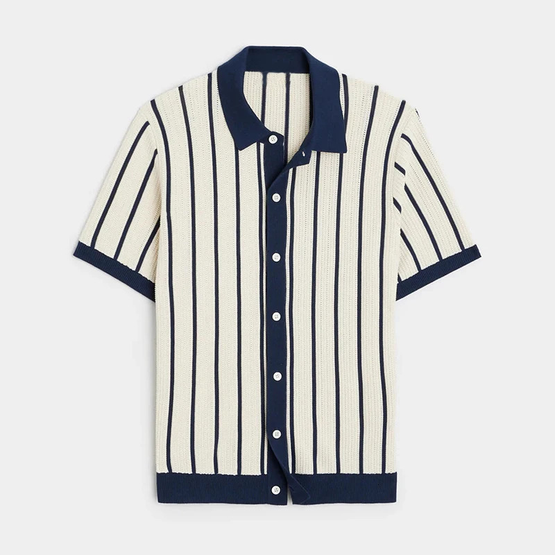 Summer Mens Striped Knit Polo Shirts Fashion Patchwork Short Sleeve Turn Down Collar Smart Casual Polos Men Knitted Tops 260327