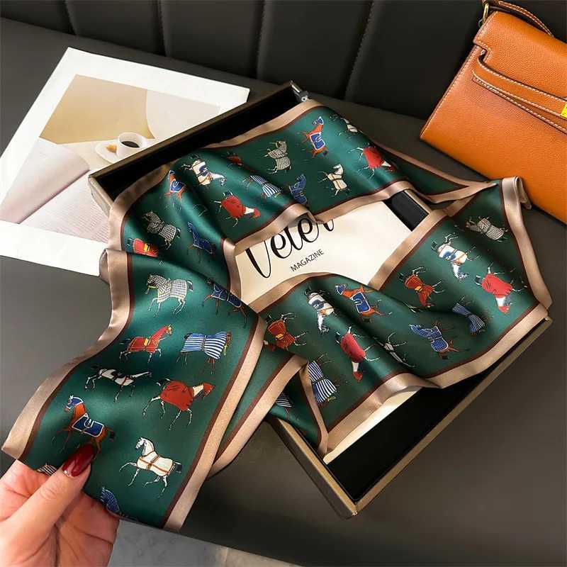 147x14cm Elegant Horse Print Scarf Graphic Ribbon Wen Cozy Imitation Silk Scarf Versatile Neckerchief Length Fashion band X260328