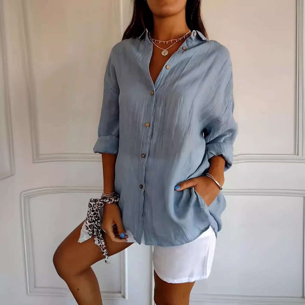 2026 New Single-Breasted Pleated Collar Shirt, Popular on Independent E-commerce Platforms, Women's Solid Color European and American Style Top w