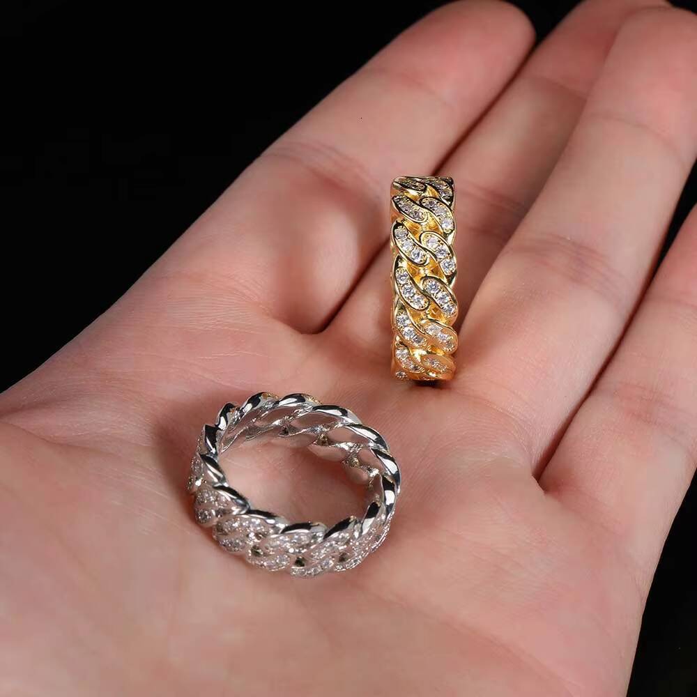NUOYA Mens White Gold Plated 925 Sterling Silver Hip Hop Iced Out Moissanite Cuban Link Ring for Wedding and Party Fine Jewelry