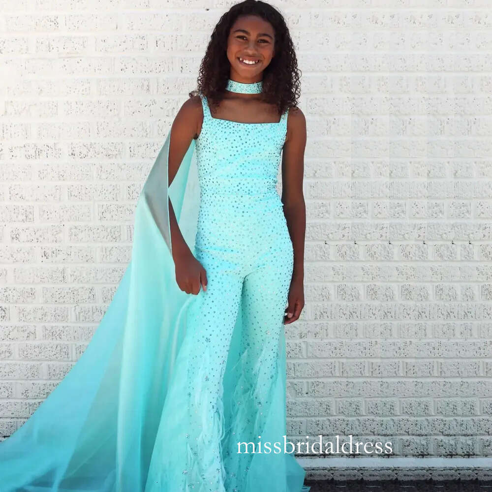 Modest Beaded Jumpsuit Girls Pageant Dress 2024 Square Neck Feather Birthday Party Gown Little Kids Outfit With Cape D0327