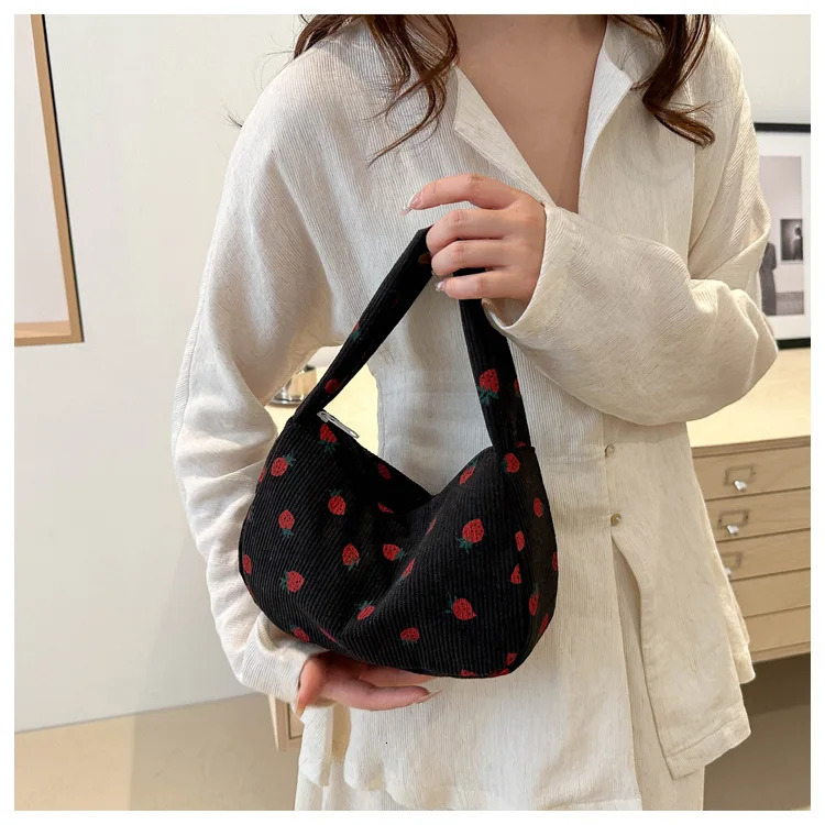 Women Small Corduroy Handbag Cute Strawberry Print Little Tote Underarm Bag Half Moon n Eco Cloth Purse Mini Shoulder Bags 260317