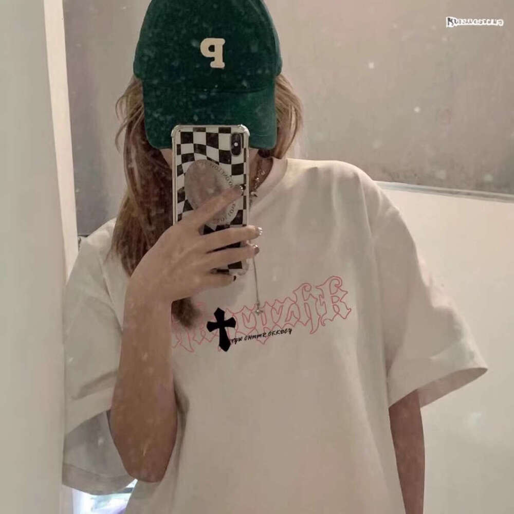 American Retro Cross Print Oversized Short-Sleeve T-Shirt For Men And Women Plus-Size Summer Loose Trendy High Street Couple's Top