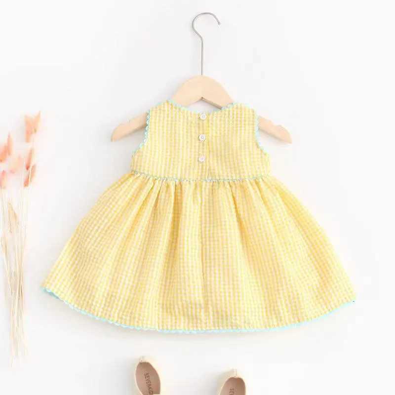Summer Kids Sundress 9M-4T Toddler Pink Bunny Grid Sleeveless Dress Children Girls Yellow ClothesT260330