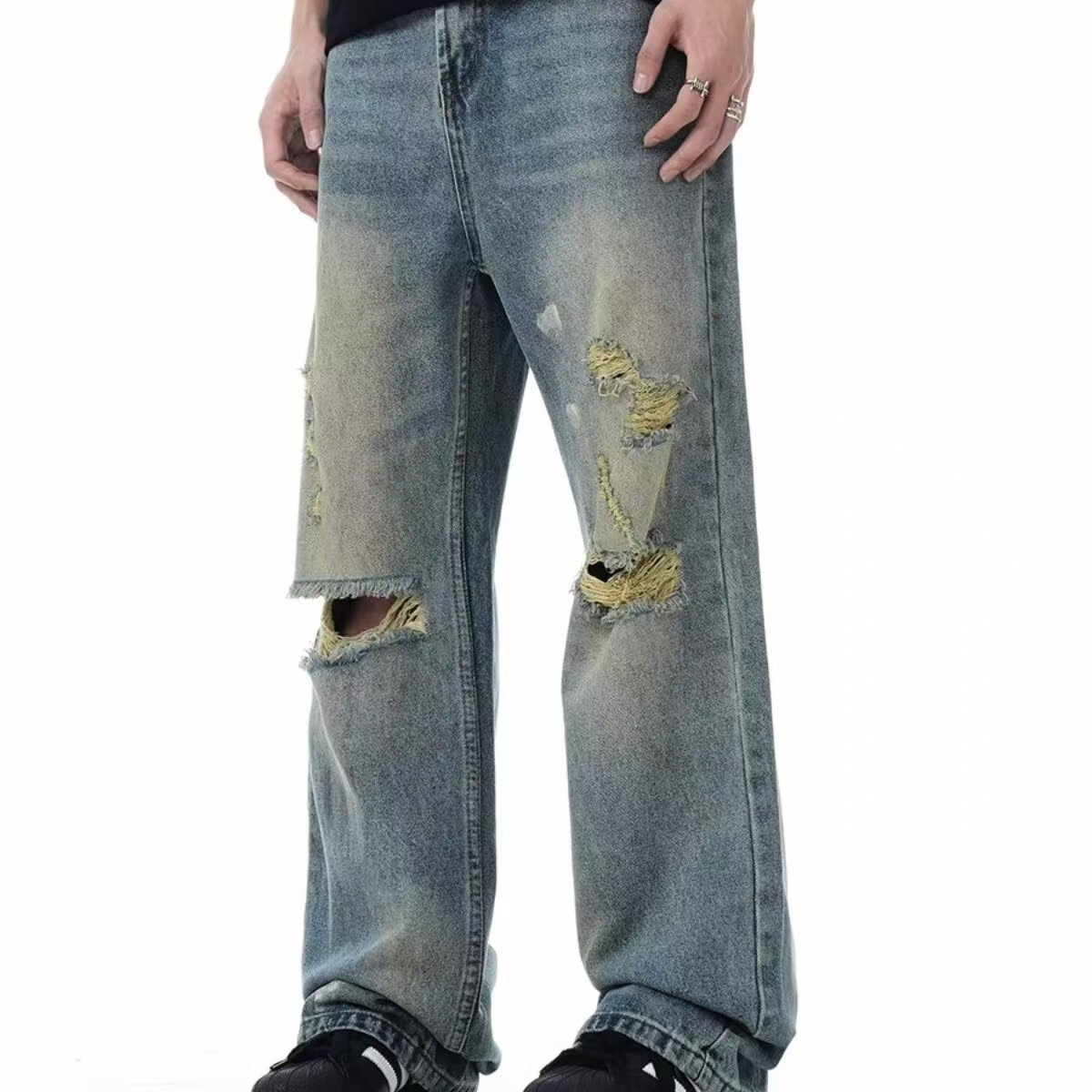 Men's Contemporary Streetwear Jeans Featuring Bold Lettering Modern & Durable Fit-K7035