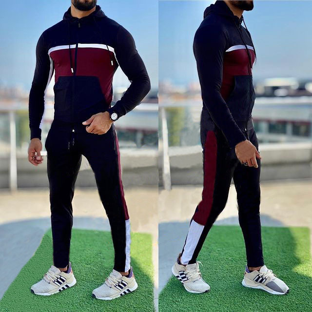 Cross-border men's clothing, color-blocked sports suit, one-piece hooded autumn jacket, sporty casual outfit, trendy long-sleeve style