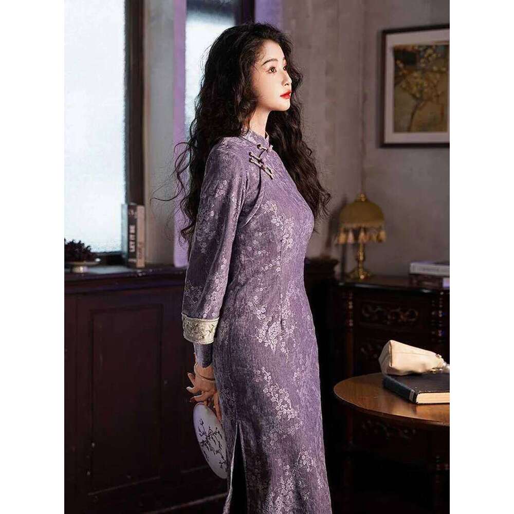 Women Purple Cheongsam Slim Fit Improved Qipao Vintage Chinese Style Autumn Sleeve Plum Floral Long Dresses MAKOUFEI