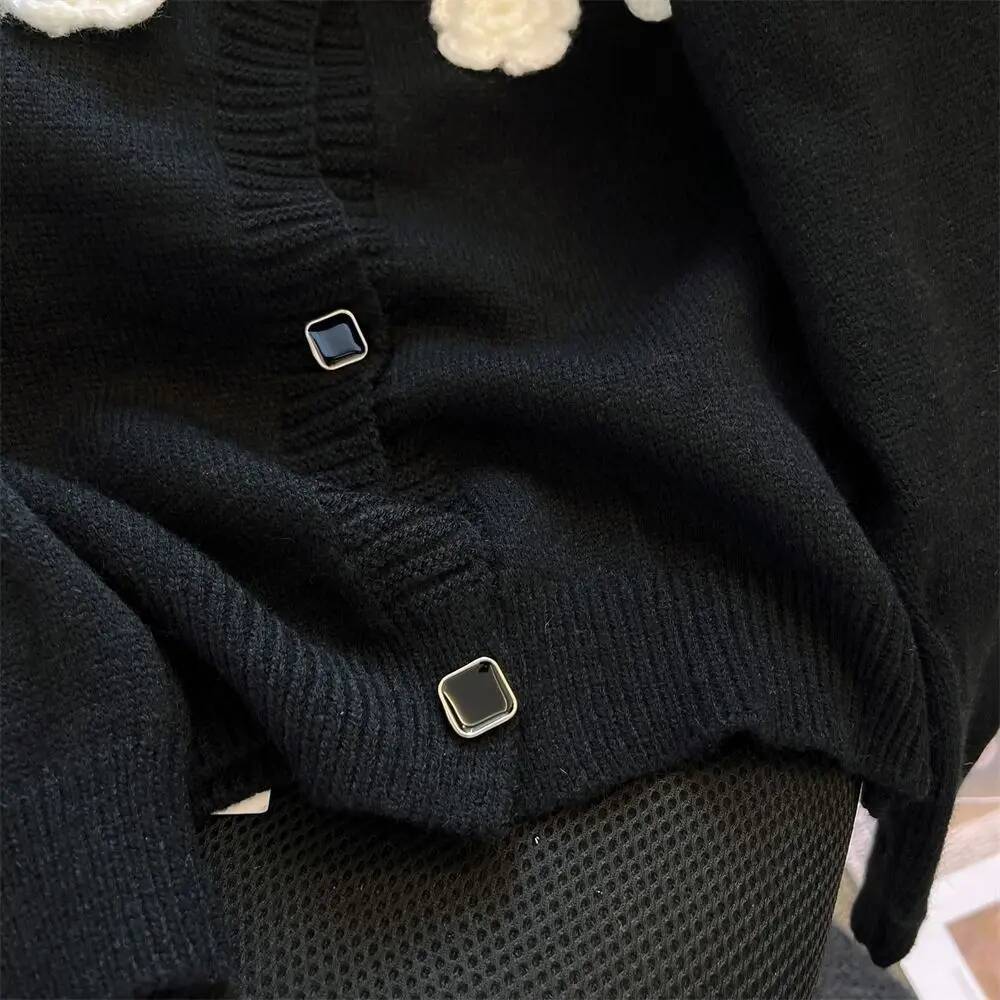 Women's Knit Cardigan Black Sweater With Flowers