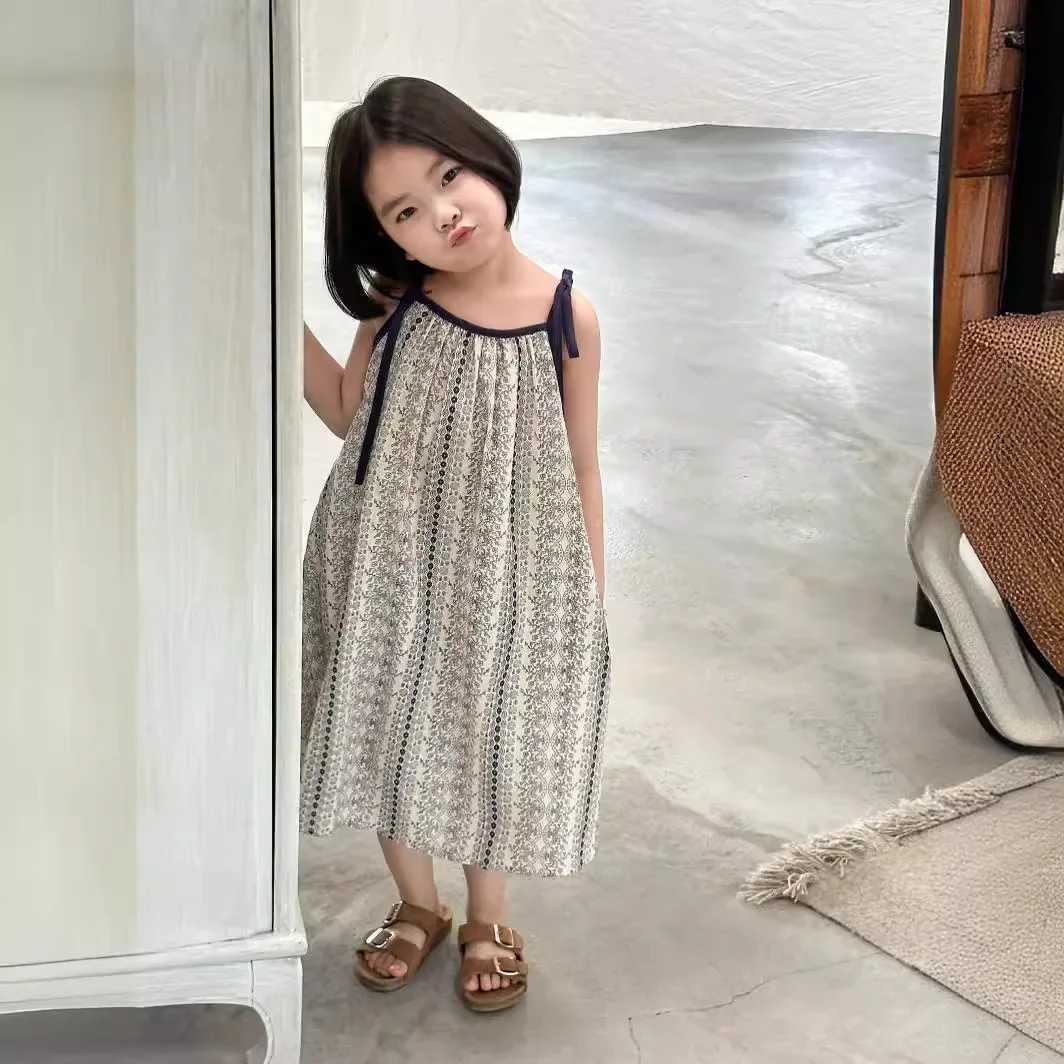 Girls Casual Dresses Summer New Korea Childrens Clothing Korean 2024 Lovely Fragmented Flowers Loose Fashion StripedT260330
