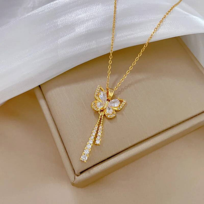 Exquisite Micro Inlaid Zircon Tassel Necklace Jewelry For Women Stainless Steel Moon Butterfly Flower Clavicle Choker