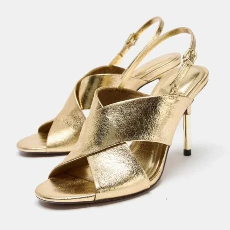 Luxury Gold Cross Strap High Heel Sandals Women Open Toe Slingback Elegant Wedding Party Dress Shoes Ladies Banquet Heels Z260330