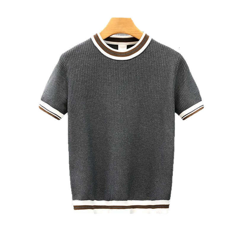 luxury Summer New Style Casual Top, White Round Neck Striped Spring Short Sleeve Sweater, Men's Knit Shirt