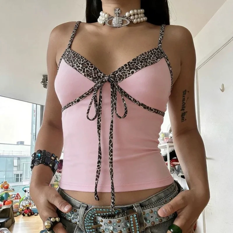 Summer Sexy Aesthetic Streetwear Sleeveless V-Neck top Y2K Pink Leopard Cami Top Womens Slim Tie-Front Spaghetti Strap Crop Top 260327