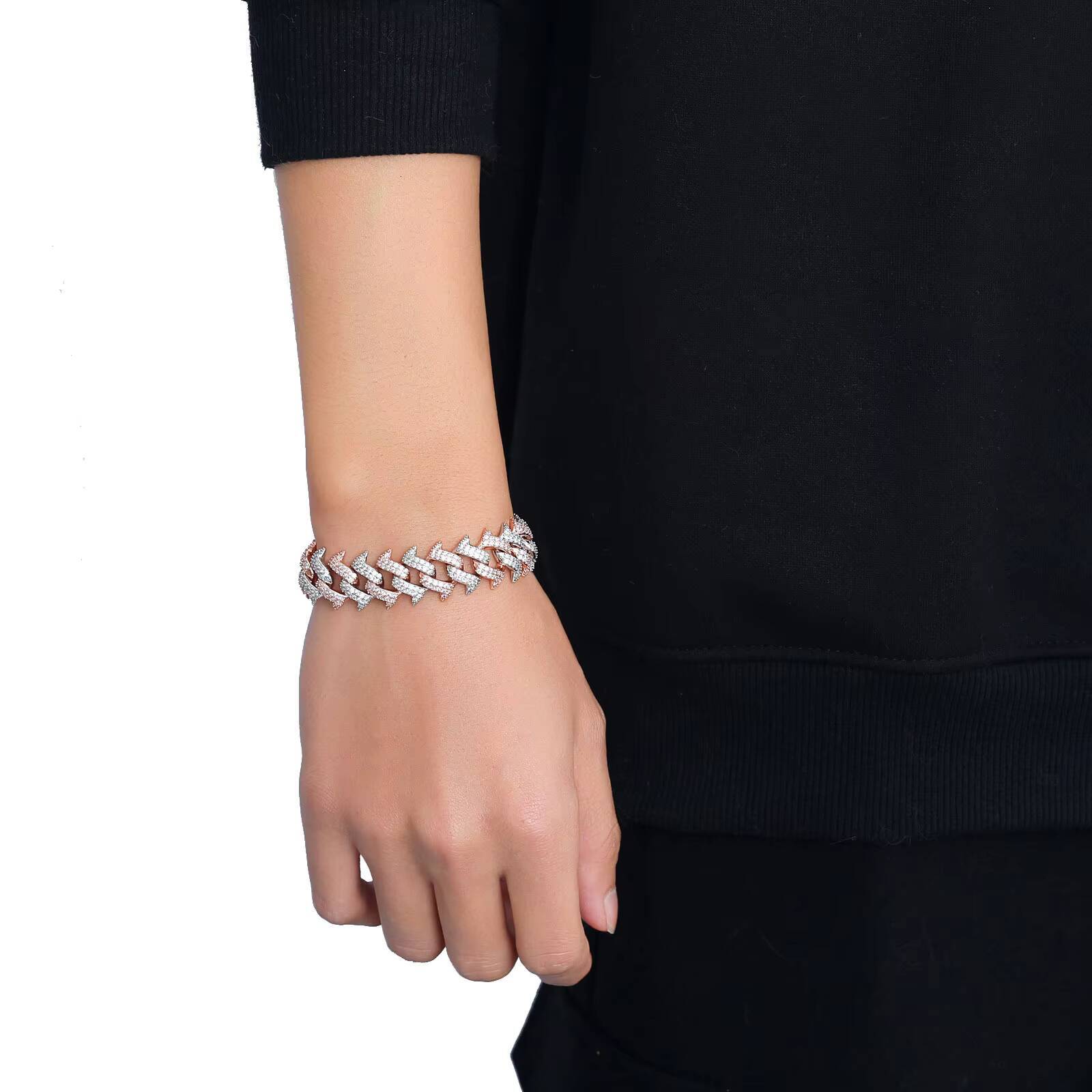 Hip Hop Rap Jewelry 18mm Wide Iced Out CZ Thorns Cuban Bracelet Rhodium and Rose Gold Plated Two Tone Spiked Cuban Link Bracelet