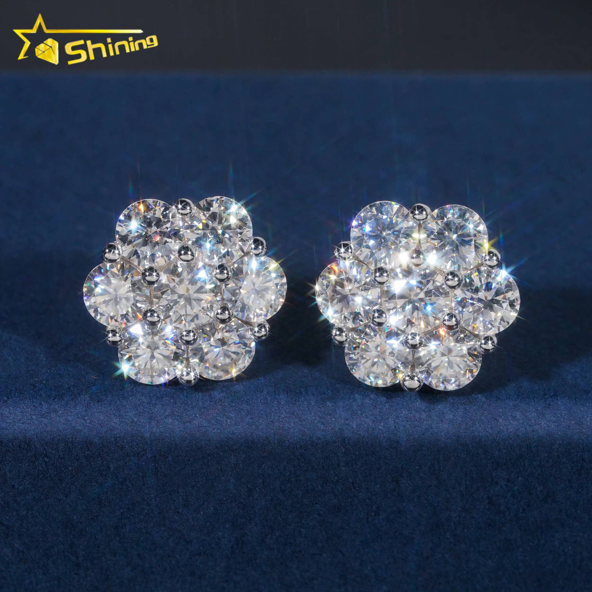 Ready to Ship Hip Hop Style Pass Diamond Tester 925 Silver Gold Plated VVS Diamond Moissanite Flower Stud Earrings Cluster