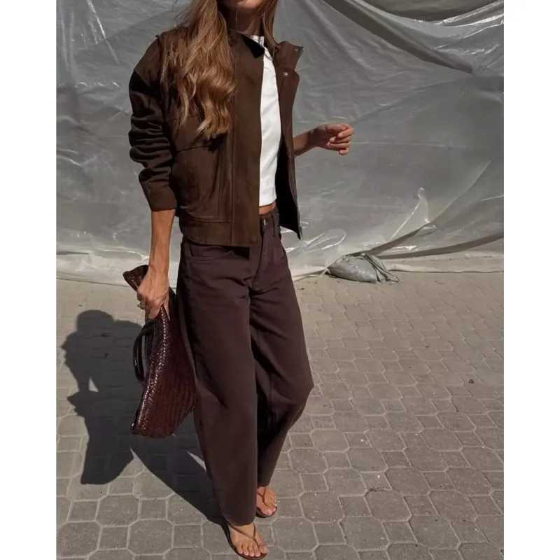 Women Suede Leather Jacket with Pockets Autumn Fashion High Collar Long Sleeve Button Jacket Lady Coats Causal Female Chic TopsT260328
